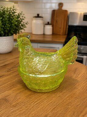 Vintage Uranium Vaseline Glass Hen on Nest Covered Dish Basket